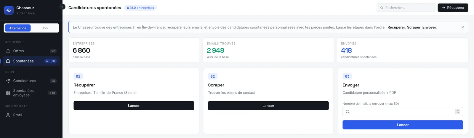 Tableau de bord des candidatures spontanées, avec les trois étapes Récupérer, Scraper et Envoyer
