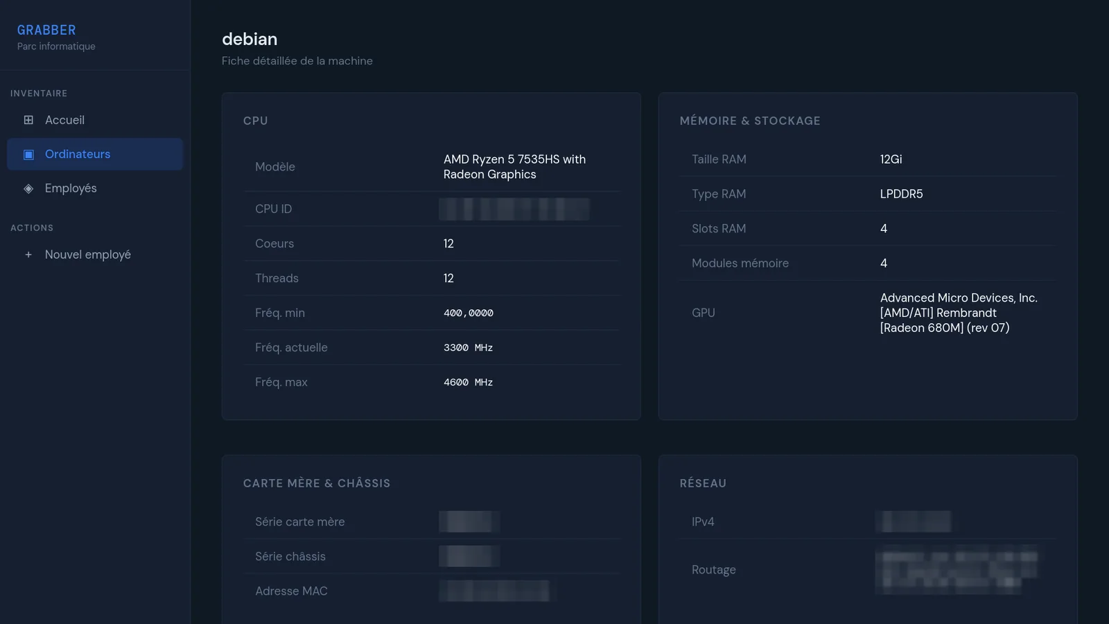 Fiche détaillée d'une machine dans Grabber : processeur, mémoire, carte graphique, carte mère et réseau